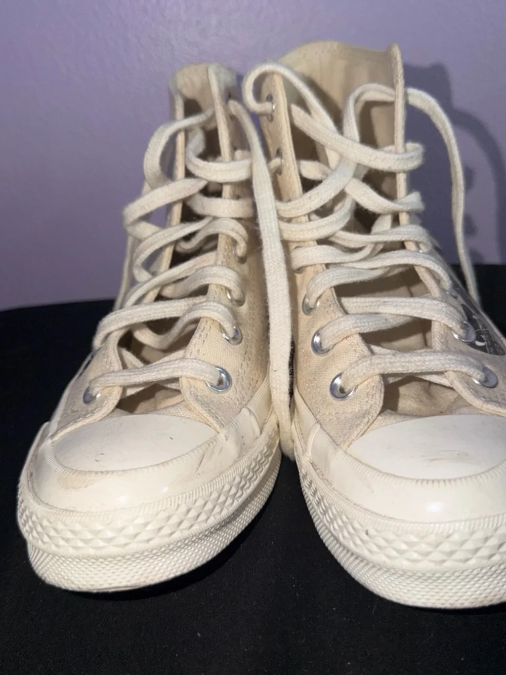 Converse Cream High-Top Sneakers with Black Heart Motif